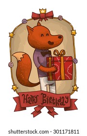 Male fox with gift, vector