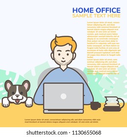 Male freelance working from home with his pet, coffee and tree backgroud, outline cartoon with copy space