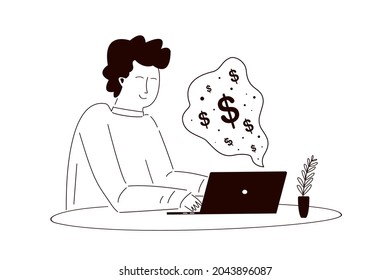 Male freelancer earn money on laptop in social media. Concept of making money online. Earning and finance on Internet. Remote work and freelance. Line art, doodle and hand drawn.Vector illustration