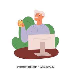 Male freelancer enjoy comfortable workplace drinking coffee and working at computer. Man web designer or programmer with cup sitting at pc busy. Cartoon flat vector illustration