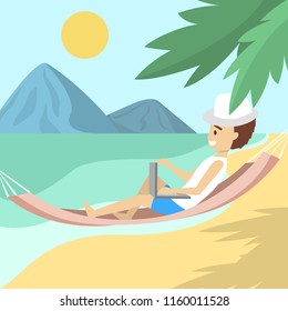 Male freelancer in the hammock on the beach. Working remotely on the laptop computer through the internet. Working while travelling. Summer vacation. Vector flat illustration