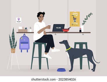 A male freelancer having lunch with their pet in a dog friendly cafe, a counter with bar stools