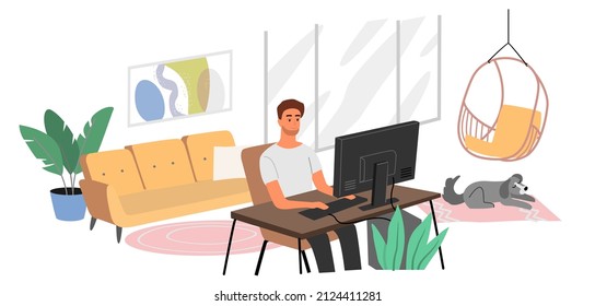 Male freelancer at home working. Businessman with pc