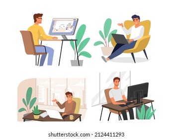 Male freelancer at home working. Businessman with laptop