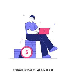 Freelancer Masculino Com Laptop Sentado Na Pilha De Moedas Na Ilustração De Vetor Plano Simbolizando Trabalho On-Line, Crescimento Financeiro E Economia Digital, Isolado No Fundo Branco.