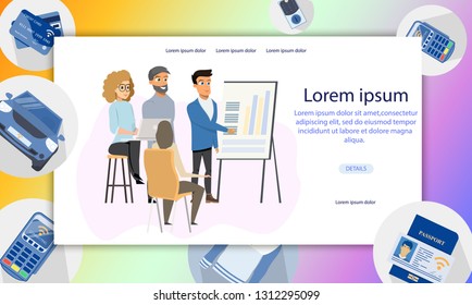 Male Freelancer Making Presentation for Group. Freelance Woman Sitting on Chair. Confident Man Character Pointing on Flip Board with Diagram, Graph. Flat Cartoon Vector Illustration