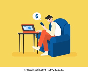 Un trabajador independiente se sienta en una computadora y hace mesas en casa. Mira un teléfono celular. Trabajo efectivo y productivo. Ilustración vectorial colorida al estilo de las caricaturas planas.