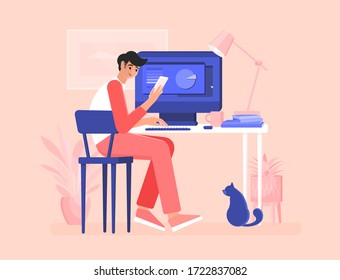 A male freelancer sits at a desk and looks at a cellphone. Efficient and productive work at home. Colorful vector illustration in flat cartoon style. Domestic cat.