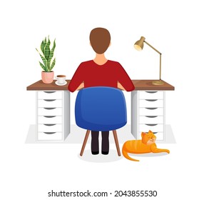 Male freelancer sits at a desk working at home at a computer. Back view of the guy. Remote work, office at home, programming. Study at home in quarantine. Vector illustration. Cozy workspace.