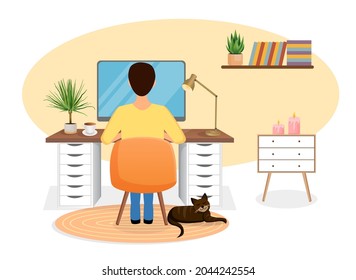Male freelancer sits at a desk working at home at a computer. Back view of the guy. Remote work, office at home, programming. Study at home in quarantine. Vector illustration. Cozy workspace.