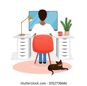 Male freelancer sits at a desk working at home at a computer. Back view of the guy. Remote work, office at home, programming. Study at home in quarantine. Vector illustration. Cozy workspace