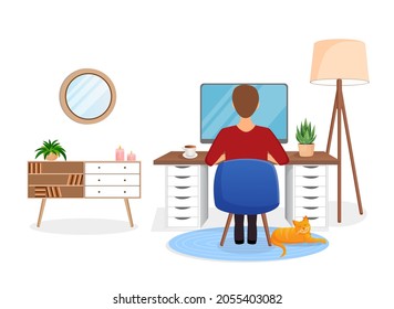 Un trabajador independiente se sienta en un escritorio que trabaja en casa en un ordenador. Vista posterior del tipo. Trabajo remoto, oficina en casa, programación. Estudiar en casa en cuarentena. Ilustración vectorial. Espacio de trabajo acogedor