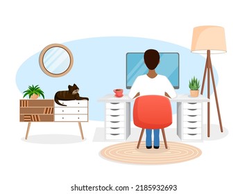 Male freelancer sits at a desk working at home at a computer. Back view of the guy. Remote work, office at home, programming. Study at home in quarantine. Vector illustration. Cozy workspace.