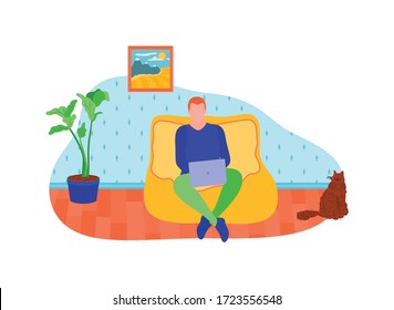 Male freelancer sitting on cozy sofa and use laptop. Businessman working at home. Remote freelance work concept. Home office workplace, interior isolated on white background. Flat vector illustration