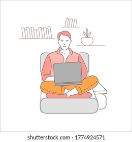 Male freelancer work remotely at home. Businessman working in bed on computer,isolated on white background. Cartoon man sits with laptop and studying. Online education. Flat vector illustration