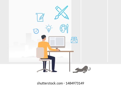 Male freelancer working at computer. Home, ideas, cat. Remote job concept. Vector illustration can be used for presentation slide, poster, new project