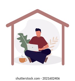 Male Freelancer Working From Home. Workplace With Cartoon Man. Stay Home And Safe Concept. Work In Focus, Productivity And Self Discipline. Coworking And Office Space. Flat Vector Illustration
