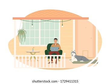 Male freelancer working in a laptop on the terrace with a dog. Isolated vector illustration