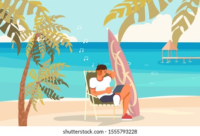 Male Freelancer working on the beach. Young man sitting in a deck chair with laptop and  running remotely on colorful sea cost of island among the palms. Flat Art Vector illustration
