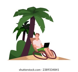 Male freelancer working on laptop under the palm tree, vector illustration. Young man, working on a computer outdoor, sitting in armchair on nature, tropical landscape. Drawing in flat cartoon style.