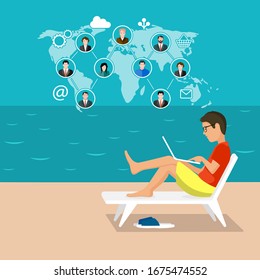 Male freelancer working remotely with clients.vector illustration