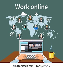 Male freelancer working remotely with clients.vector illustration