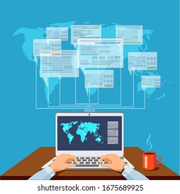 Male freelancer working remotely with clients.vector illustration