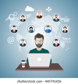 male freelancer working remotely with clients.vector illustration