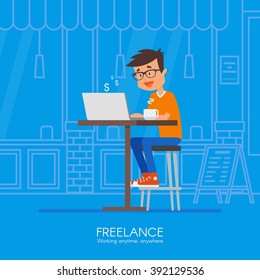 Male freelancer working remotely from his desk. Freelance concept vector illustration in flat style design. Home office workplace. Online shopping.