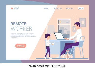 Male Freelancer Working Remotely. Online Conference Meeting. Work From Home. Freelancer With Child Working On Laptop. Home Office.  Flexible Schedule Concept. Flat Vector Illustration