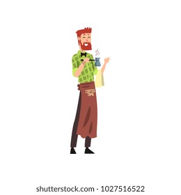 Male friendly barista with brown apron making a cup of coffee with cezve, coffee shop cartoon vector Illustration on a white background