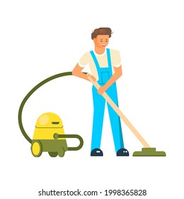 Male friendly cleaner with a vacuum machine dressed in work clothes isolated on white background. Flat Art Vector Illustration