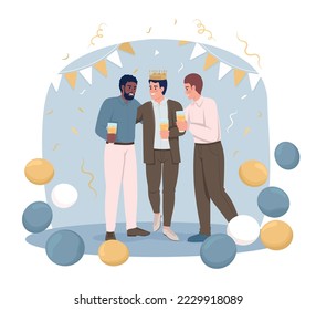 Male friends at bachelor party 2D vector isolated illustration. Prewedding event. Groom with friends flat characters on cartoon background. Colourful editable scene for mobile, website, presentation