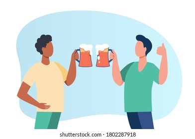 Male friends celebrating success in pub. Two men drinking beer, toasting glasses flat vector illustration. Bar, party, Octoberfest concept for banner, website design or landing web page