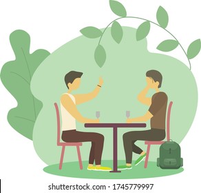 Male friends drinking in a bar, pub, coffee shop. business suit. Vector, flat design people.Two male colleagues chatting during coffee breaks at a table in a cafe. Isolated on a white background.