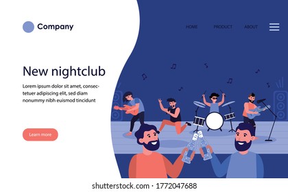 Male friends drinking beer in nightclub. Bearded men toasting bottles at live concert flat vector illustration. Male leisure concept for banner, website design or landing web page