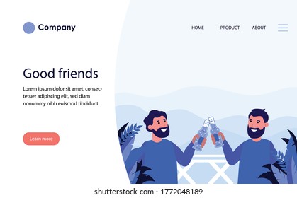 Male friends drinking beer on balcony outside. Bearded men cheering with beer bottles at resort flat vector illustration. Men on vacation concept for banner, website design or landing web page
