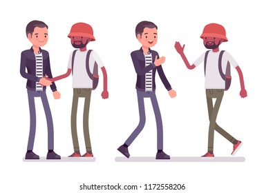 Male friends greeting. Men, black and white, handshake, high five gesture, showing respect and agreement. Social manners, etiquette. Vector flat style cartoon illustration isolated on white background