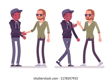 Male friends greeting. Men, black and red-haired, handshake, high five gesture, showing respect and agreement. Social manners, etiquette. Vector flat style cartoon illustration isolated on white