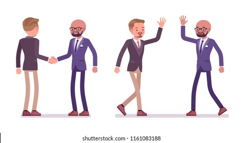 Male friends greeting. Men handshake and high five gesture, showing respect and agreement. Business manners and etiquette concept. Vector flat style cartoon illustration isolated on white background
