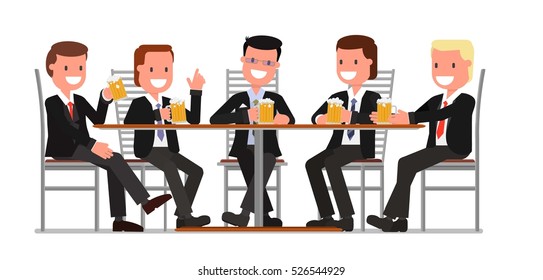 male friends, a group of friends, men, businessmen meeting, communicate, sitting at a table in the cafe, bar, restaurant, pub and drinking beer. vector illustration, flat style