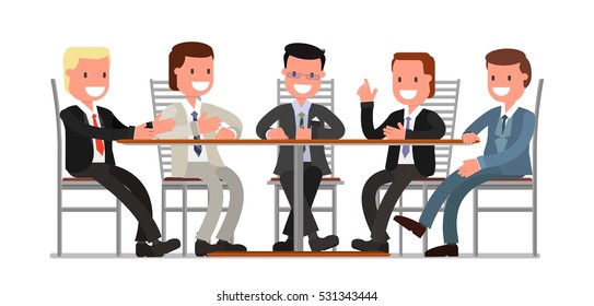 male friends, a group of friends, men, businessmen, communicate, sitting at a table in the cafe, bar, restaurant, pub. vector illustration, flat style. Isolated on a white background.
