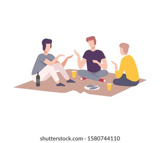 Male Friends Having Picnic in the Park, People Relaxing on Nature, Men Characters Eating and Talking Outdoors Flat Vector Illustration