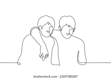 male friends hugging - one line drawing vector. concept male friendship, skinship