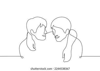 male friends hugging and smiling at each other - one line drawing vector. the concept friends laugh at a joke, buddies have fun