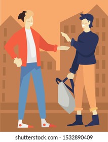 Male friends meeting, greeting and giving each other high five. Millennial young person with backpack. Guys hang out, walking in the street. Friendship leisure activity flat vector illustration.