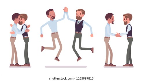 Male friends meeting, greeting. Men giving a hug, high five, customers and colleagues handshake. Business manners, etiquette concept. Vector flat style cartoon illustration isolated, white background