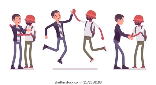 Male friends meeting, greeting. Men, black and white, giving a hug, high five, handshake. Social manners, etiquette concept. Vector flat style cartoon illustration isolated, white background