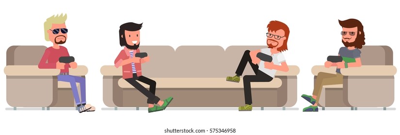 male friends men play video games. Vector illustration of a flat design style. White background. Horizontal banner. Isolated on a white background.