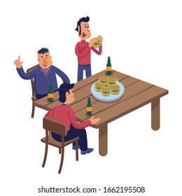 Male friends at pub flat cartoon vector illustration. Adult men group eating burgers and drinking beer. Ready to use 2d character template for commercial, animation, printing. Isolated comic hero